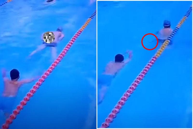 厲害了中國！男游泳行進間脫褲大便，後面的他快撞到「漂浮屎彈」。（翻自YouTube）
