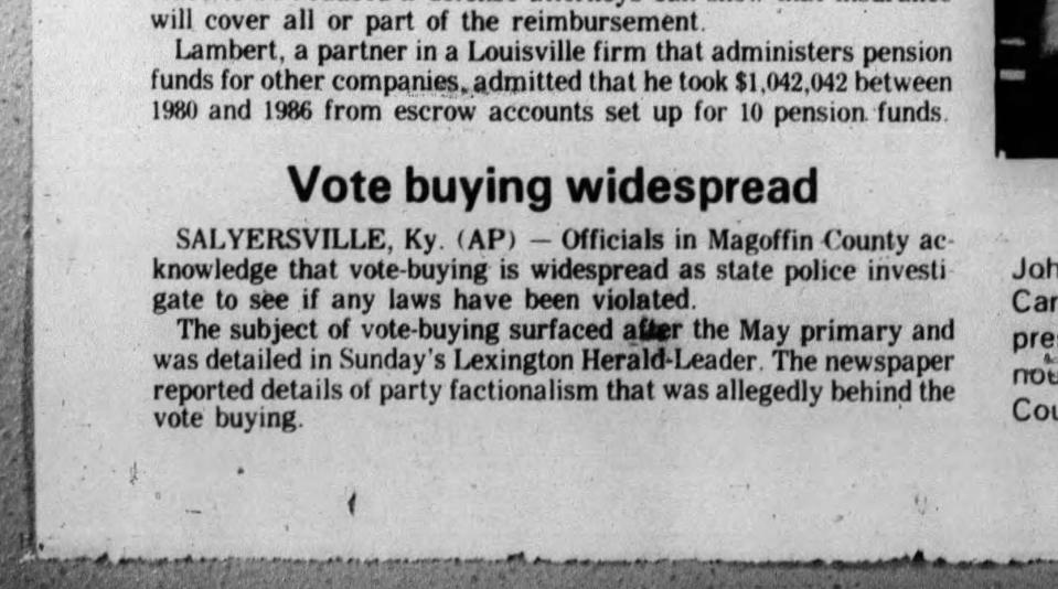 A newspaper story about vote-buying in Magoffin County in The (Owensboro, Kentucky) Messenger from 1987