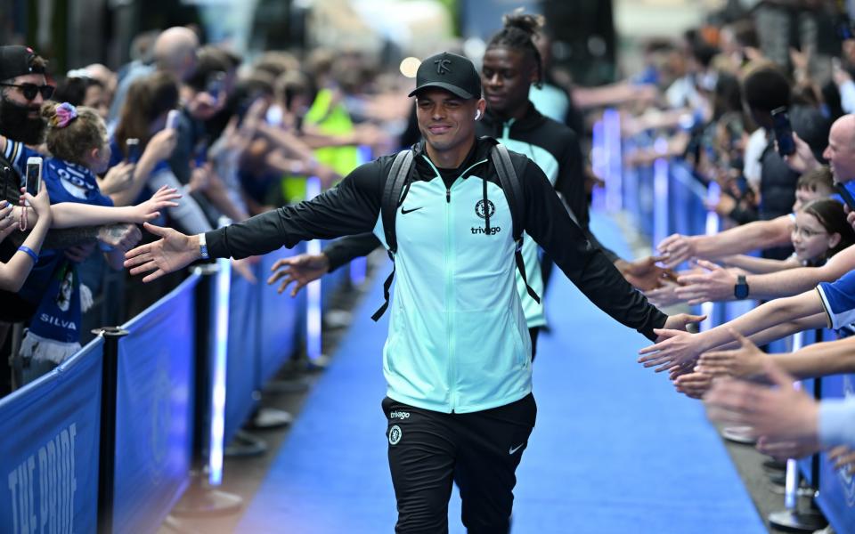 Thiago Silva of Chelsea arrives at the stadium prior to the Premier League match between Chelsea FC and AFC Bournemouth at Stamford Bridge on May 19, 2024 in London, England