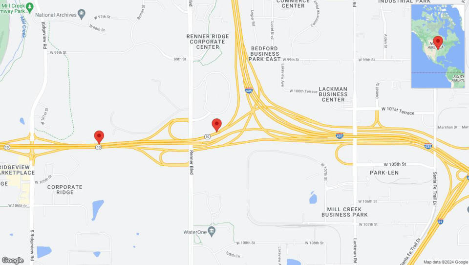 A detailed map that shows the affected road due to 'Drivers cautioned as heavy rain triggers traffic concerns on westbound K-10 in Lenexa' on June 19th at 4:36 p.m.
