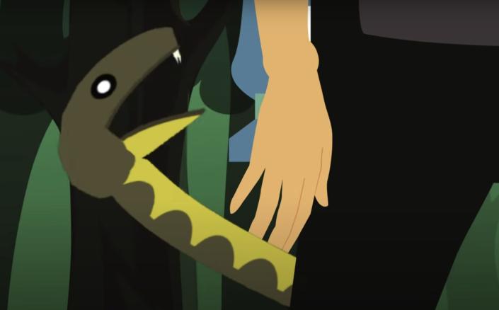 Animation of a snake about to bite a human's hand.