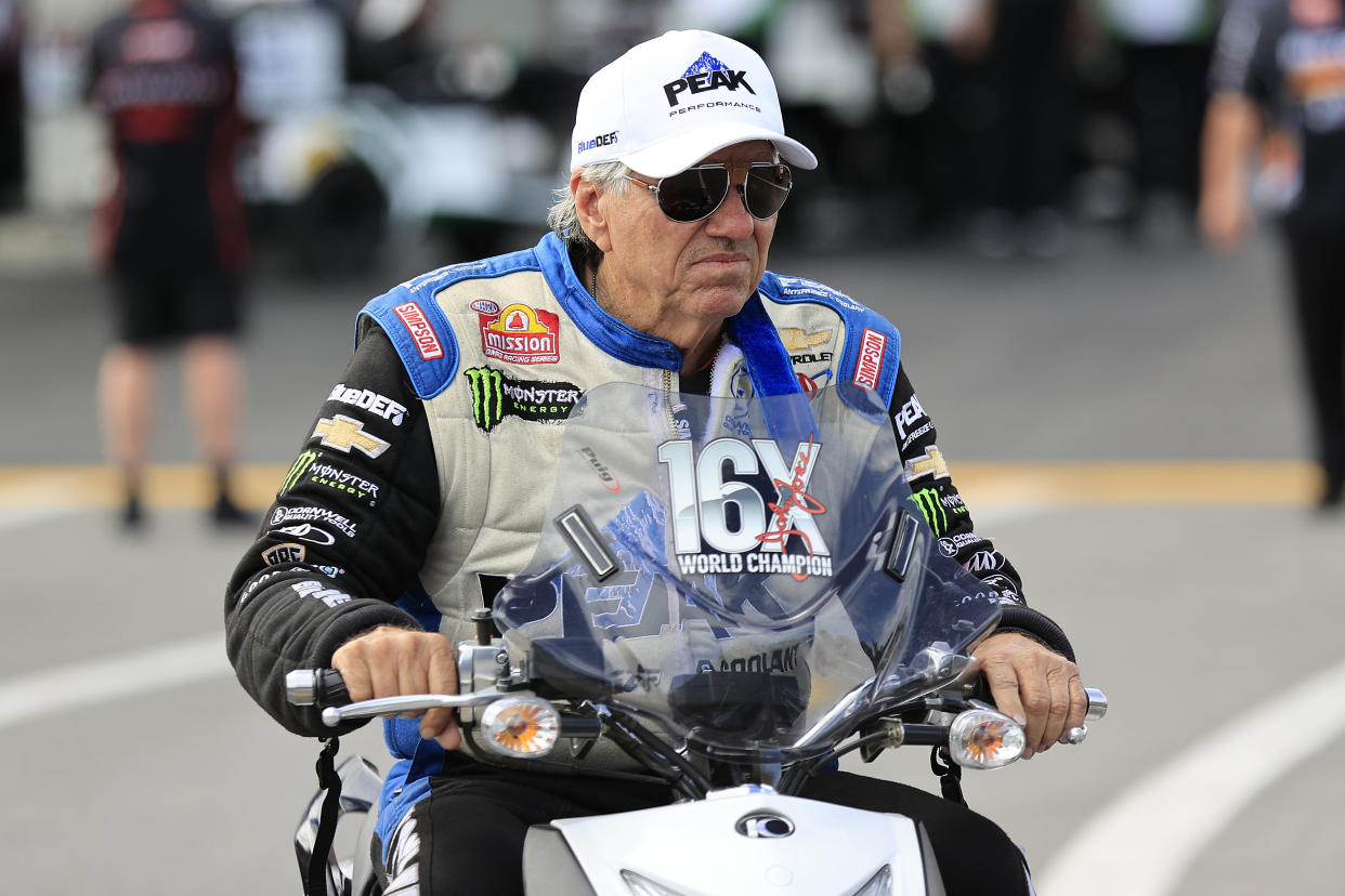 BRISTOL, TN - JUNE 08: John Force, of Yorba Linda, CA, driving a JFR 500 Peak Chevy '22 Camaro SS prior to second round qualifying for the NHRA Thunder Valley Nationals on Saturday June 8, 2024 at the Bristol Dragway in Bristol, Tennessee.  (Photo by David J. Griffin/Icon Sportswire via Getty Images)