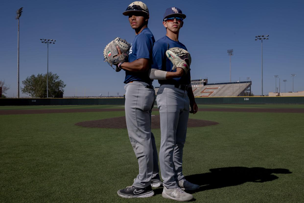 Riverside baseball players Miguel Bermudez and Abraham Cervantes prepare for area round of playoffs on Tuesday, May 7, 2024, at Riverside High School in El Paso. Cervantes and Bermudez have been friends and played baseball together for 12 years.