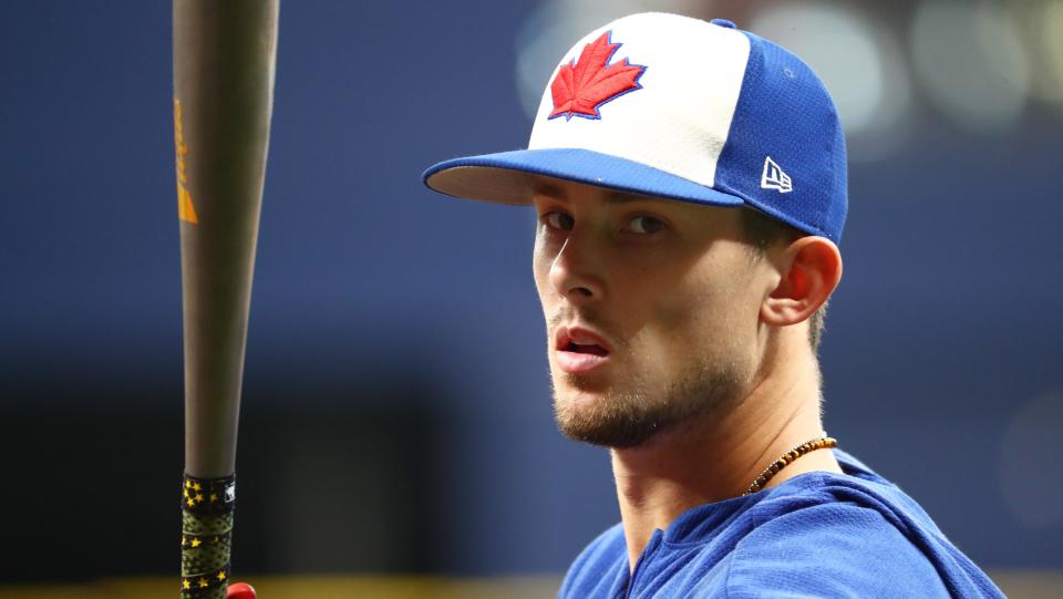 Sep 5, 2019; St. Petersburg, FL, USA; Toronto Blue Jays second baseman Cavan Biggio (8) works out before a game against the Tampa Bay Rays at Tropicana Field. Mandatory Credit: Kim Klement-USA TODAY Sports