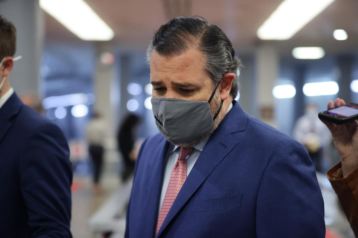 Sen. Ted Cruz (R-TX) talks with reporters on his way to the U.S. Capitol on the third day of former President Donald Trump's impeachment trial on February 11, 2021 in Washington, DC. (Chip Somodevilla/Getty Images)