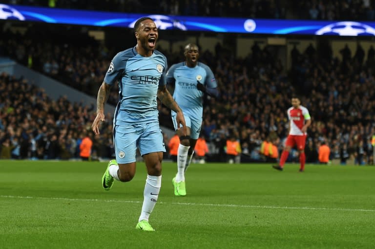 Manchester City midfielder Raheem Sterling celebrates scoring the opener during the UEFA Champions League Round of 16 first-leg against Monaco at the Etihad Stadium in Manchester, on February 21, 2017