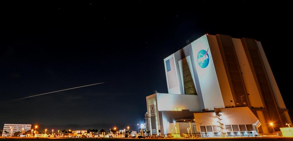 The four members of NASA/SpaceX Crew-6 pass by Kennedy Space Center, FL as their Dragon capsule Endeavour reenters the earth’s atmosphere Monday, September 4, 2023.