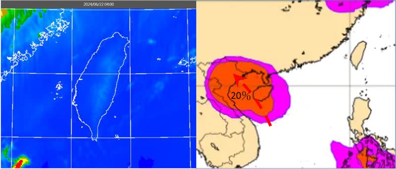 圖：今晨4時紅外線色調強化雲圖顯示，台灣上空晴朗無雲(左圖)。21日20時歐洲模式50次系集模擬顯示，下週二20時南海熱帶擾動發展為「熱帶低壓」的機率，已調降為20%(右圖)。