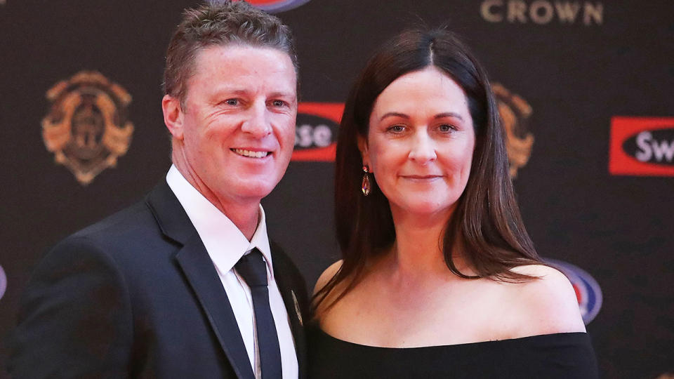 Richmond coach Damien Hardwick (pictured left) arriving with Danielle Hardwick (pictured right) to the 2017 Brownlow Medal in 2017.