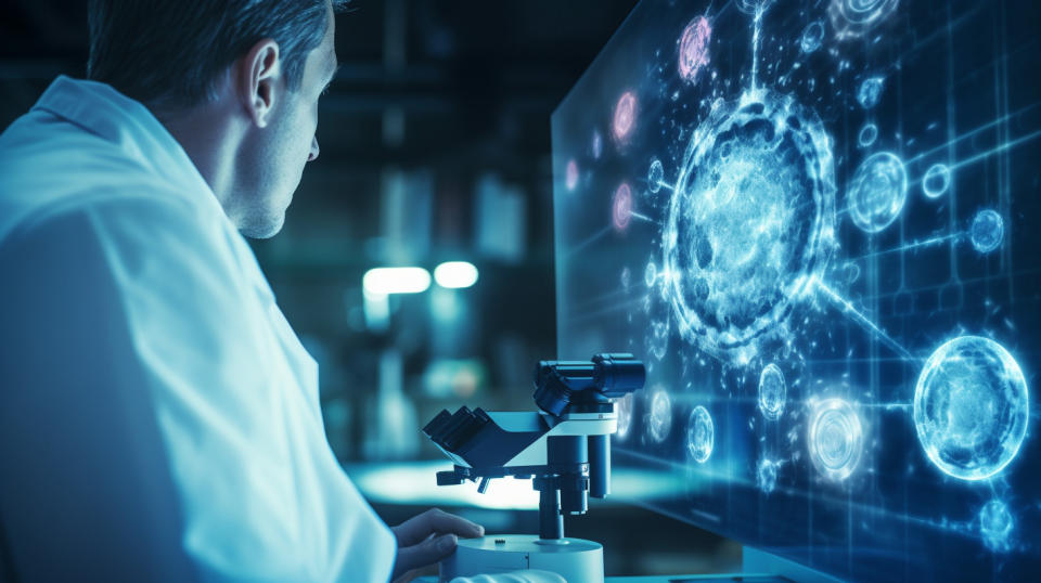 A researcher studying a microscopic image of a gene therapy under a microscope.