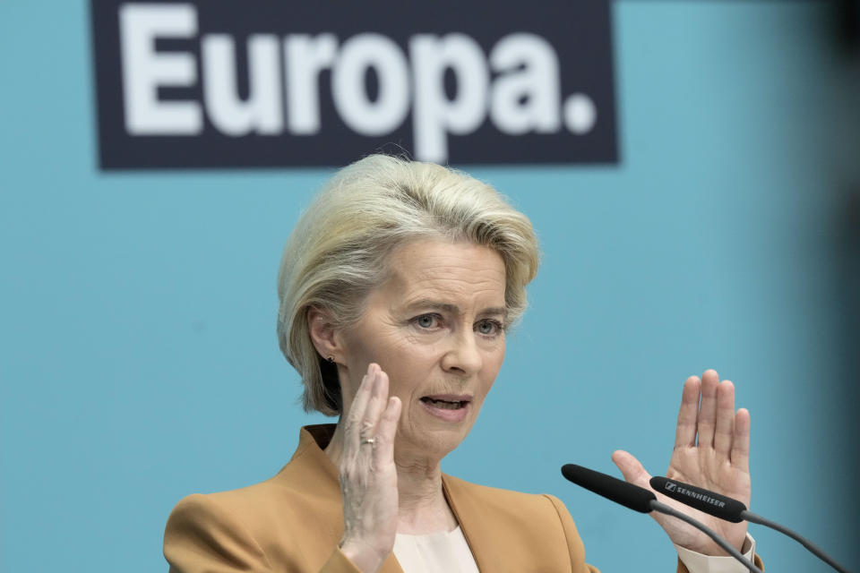 Ursula von der Leyen, President of the European Commission, talks to the media during a press conference after a board meeting of the Christian Democratic Union (CDU) in Berlin, Germany, Monday, Feb. 19, 2024. Ursula von der Leyen announced her intention to run for a second term as EU commission president. (AP Photo/Markus Schreiber)