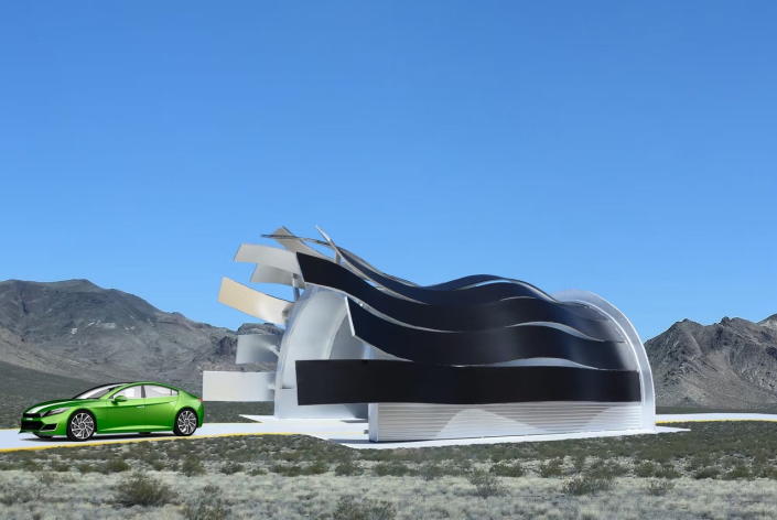 Undulating Black Waves Solar Charging Station for EVs, conceptualized by Michael Jantzen.