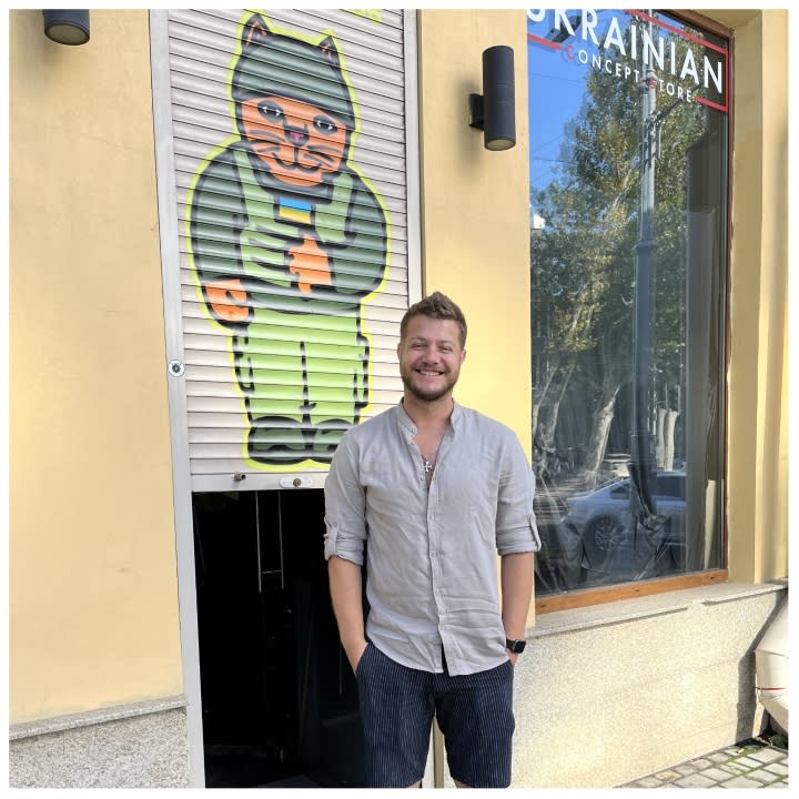 <span>Ivan Fotesko outside his storefront in Odesa. (Laura Kelly/The Hill)</span>