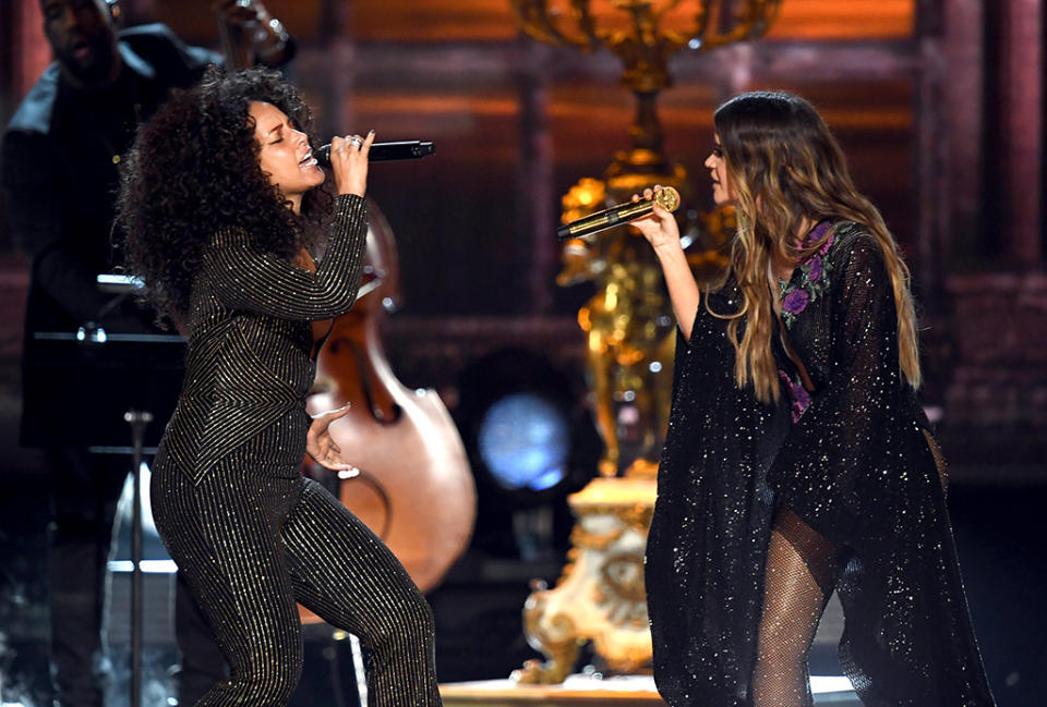 Alicia Keys and Maren Morris perform onstage during The 59th Grammy Awards