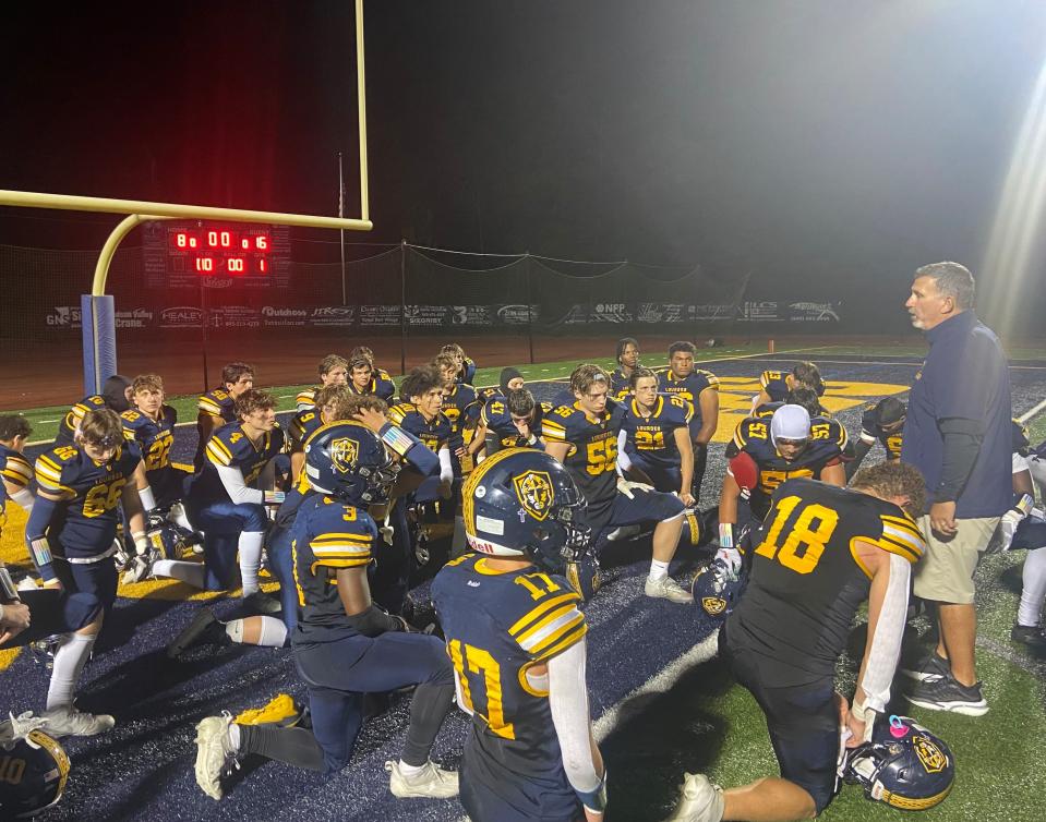 Coach Sean Keenan addresses his Our Lady of Lourdes football team after its overtime loss to Washingtonville on Sept. 22, 2023.