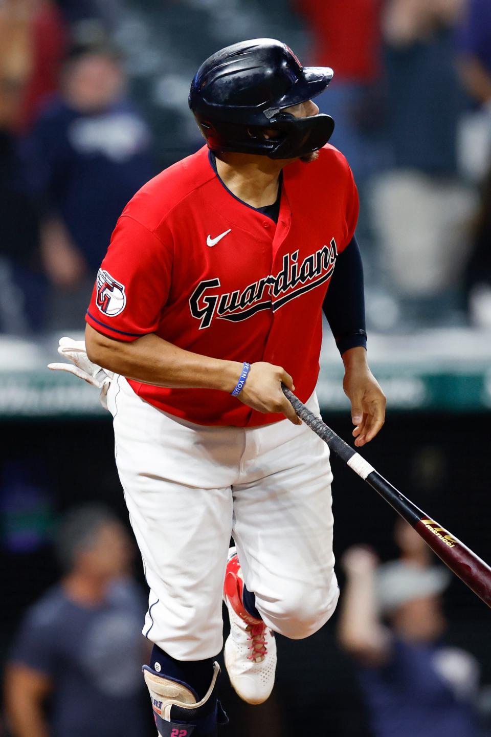 Cleveland Guardians' Josh Naylor watches his game-winning, two-run home run against the Minnesota Twins during the 10th inning Wednesday, June 29, 2022, in Cleveland. (AP Photo/Ron Schwane)