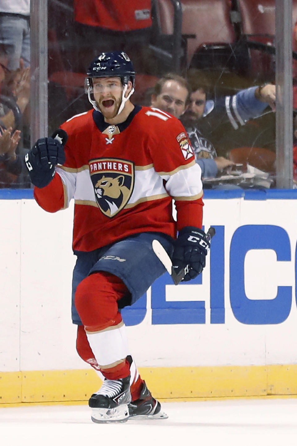 Florida Panthers left wing Jonathan Huberdeau celebrates after scoring during the first period of an NHL hockey game against the Colorado Avalanche, Friday, Oct. 18, 2019 in Sunrise, Fla. (AP Photo/Wilfredo Lee)