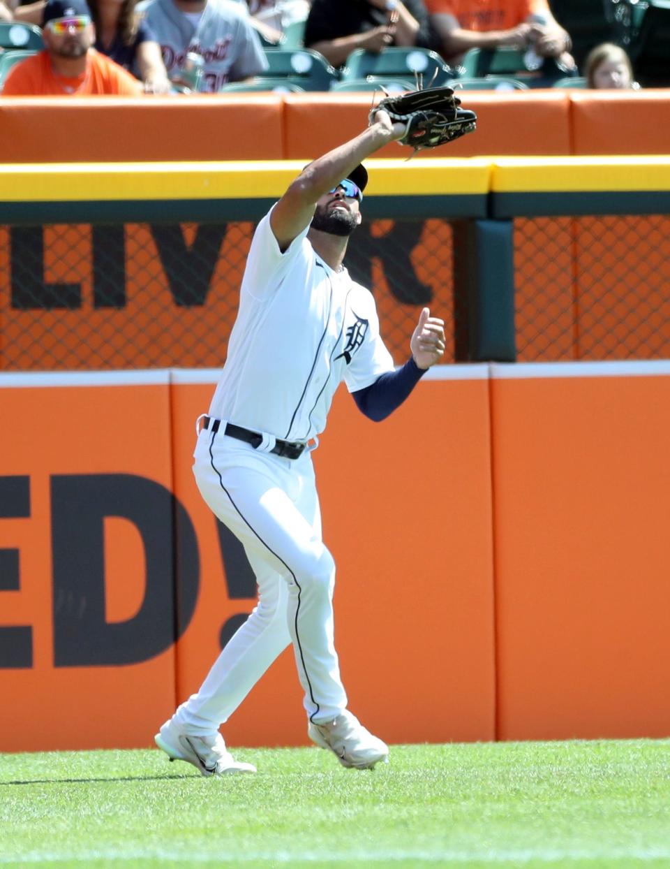 Detroit Tigers left fielder Riley Greene (31) catches a flyball hit by Houston Astros DH Yordan Alvarez (44) during first-inning action at Comerica Park in Detroit on Sunday, Aug. 27, 2023.