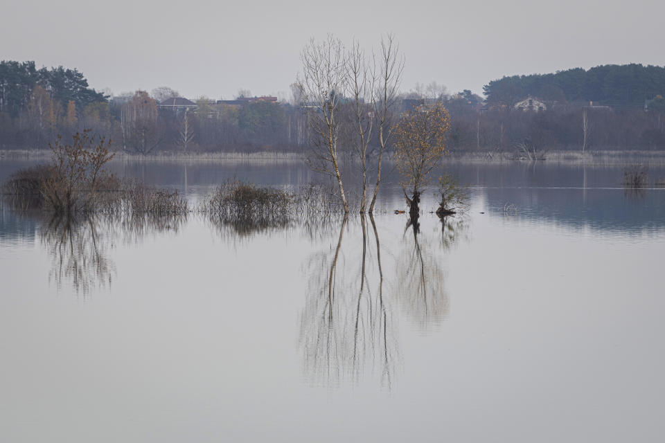 A view of a flooded area in the village of Demydiv, about 40 kilometers (24 miles) north of Kyiv, Ukraine, Thursday, Oct. 27, 2022. Because of the war, more than 6 million Ukrainians have limited or no access to clean water, and more than 280,000 hectares (nearly 692,000 acres) of forests have been destroyed or felled, according to the World Wildlife Fund. (AP Photo/Andrew Kravchenko)