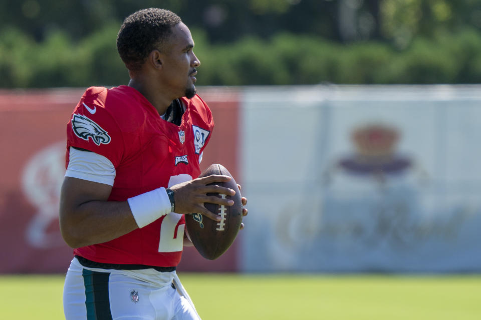 Philadelphia Eagles quarterback Jalen Hurts runs a drill during an NFL football practice, Tuesday, Aug. 18, 2020, in Philadelphia. (AP Photo/Chris Szagola, Pool)