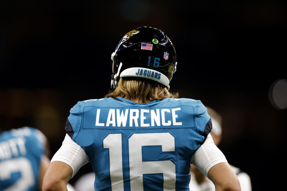 Jacksonville Jaguars quarterback Trevor Lawrence (16) during a preseason NFL football game New Orleans Saints, Monday, Aug. 23, 2021, in New Orleans. (AP Photo/Tyler Kaufman)