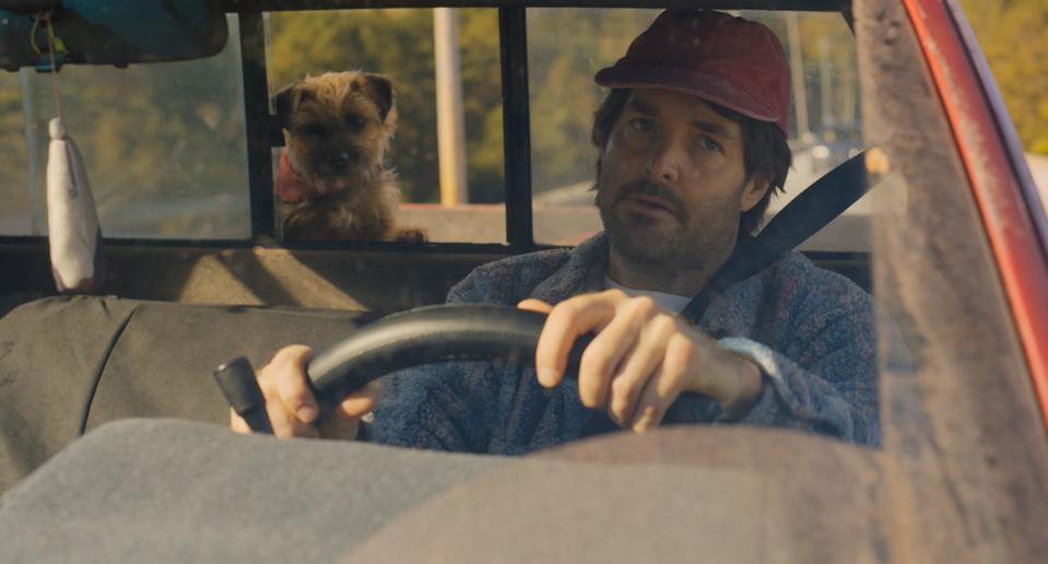 Loving pooch Reggie (voiced by Will Ferrell) vows revenge on his cruel owner Doug (Will Forte) in "Strays."