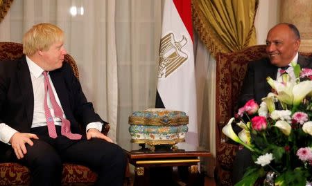 Egyptian foreign minister Sameh Shoukry (R) meets with British Foreign Secretary Boris Johnson at Tahrir Palace in Cairo, Egypt February 25, 2017. REUTERS/Amr Abdallah Dalsh