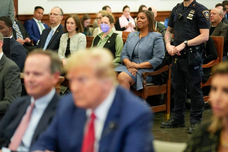 New York Attorney General Letitia James watches closing arguments in Donald Trump’s fraud trial on 11 January. (POOL/AFP via Getty Images)