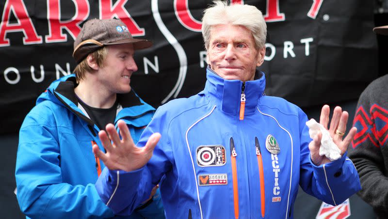 Stein Eriksen, right, speaks at the celebration for world champion and four-time World Cup giant slalom champion Ted Ligety at Park City Mountain Resort in Park City on April 6, 2013. The pair will soon be inducted into the Utah Sports Hall of Fame.