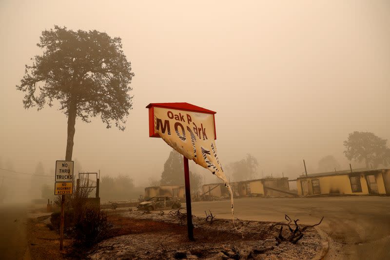 FILE PHOTO: The remains of a fire damaged hotel sit, in the aftermath of the Beachie Creek fire in Gates, Oregon