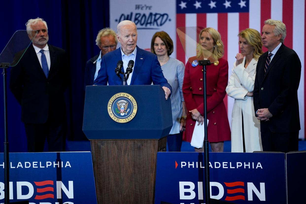 Joe Biden speaks at a rally where he received the public endorsement of some Kennedy family members.