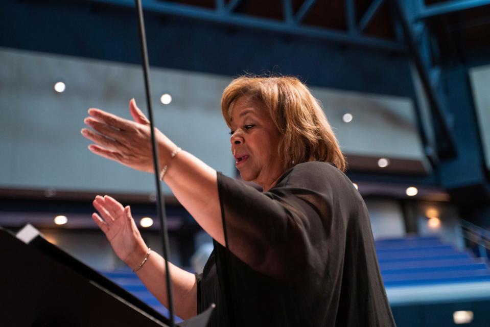 Artistic director Alice McAllister Tillman, 58, of Ann Arbor, leads members of the Brazeal Dennard Chorale during a rehearsal at Tabernacle Missionary Baptist Church in Detroit on Tuesday, June 6, 2023.