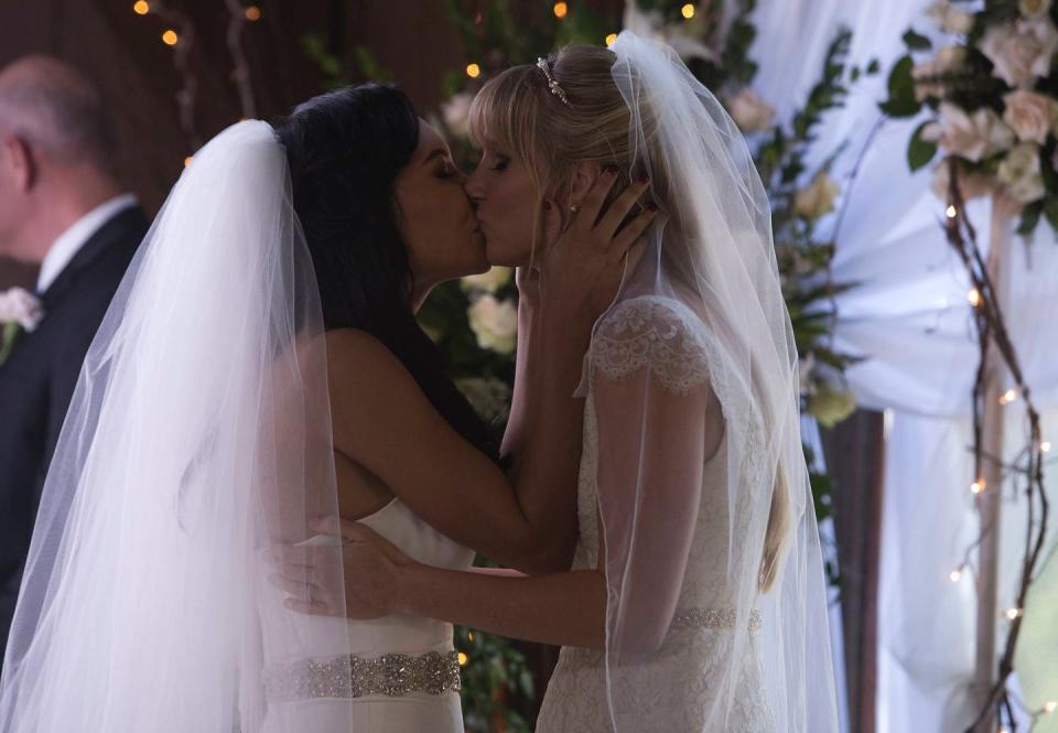 <p>That double wedding Kurt and Blaine celebrated to tied the knot? It was with dear friends Brittany and Santana, played by Heather Morris and Naya Rivera.</p>