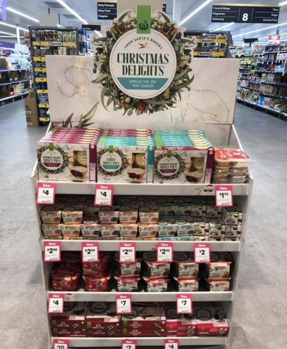 An image of Woolworths Christmas products including mince pies already on sale.