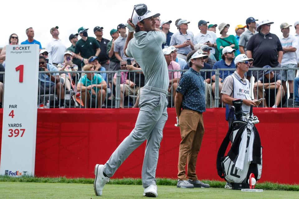 Max Homa tees off the first hole during the second round of Rocket Mortgage Classic at the Detroit Golf Club in Detroit, Friday, July 2, 2021.