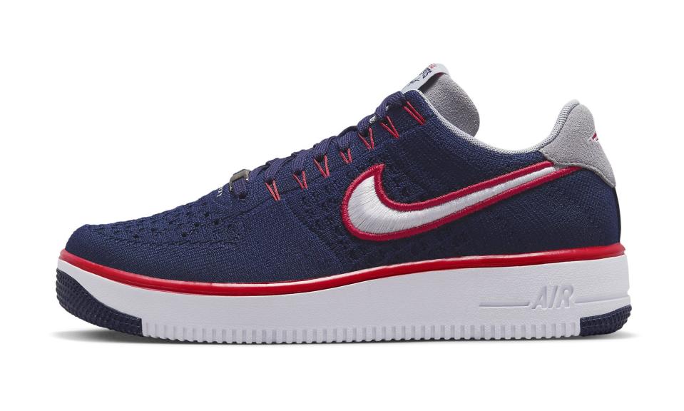 The lateral side of the Patriots-inspired Nike Air Force 1 Ultra Flyknit Low. - Credit: Courtesy of Nike