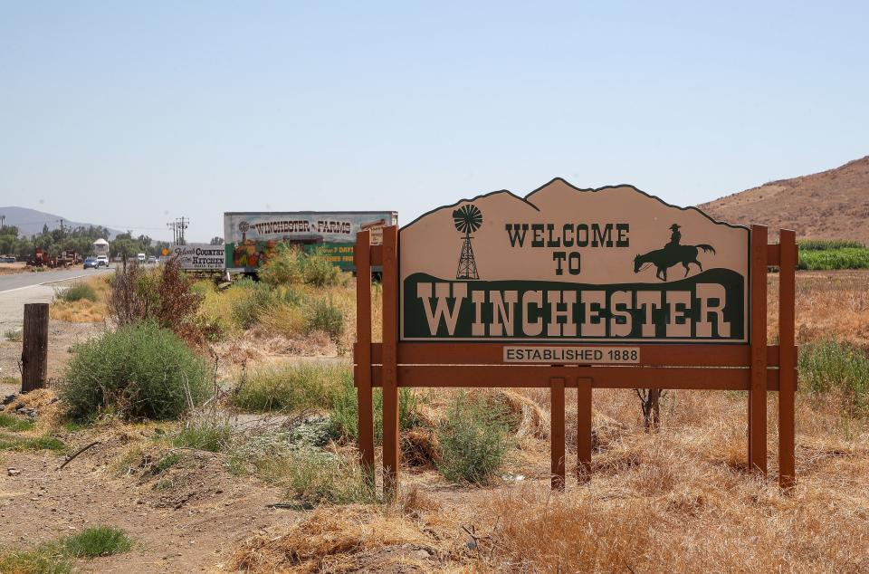 A sign welcomes people to Winchester, Calif., Aug. 18, 2023.