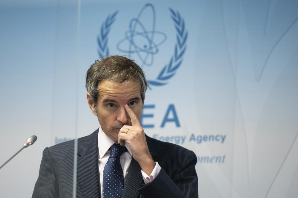 Director General of the International Atomic Energy Agency (IAEA), Rafael Mariano Grossi, attends a press conference during an IAEA Board of Governors meeting at the IAEA headquarters of the UN in Vienna, Austria, Wednesday, Nov. 18, 2020. (Christian Bruna/Pool Photo via AP)