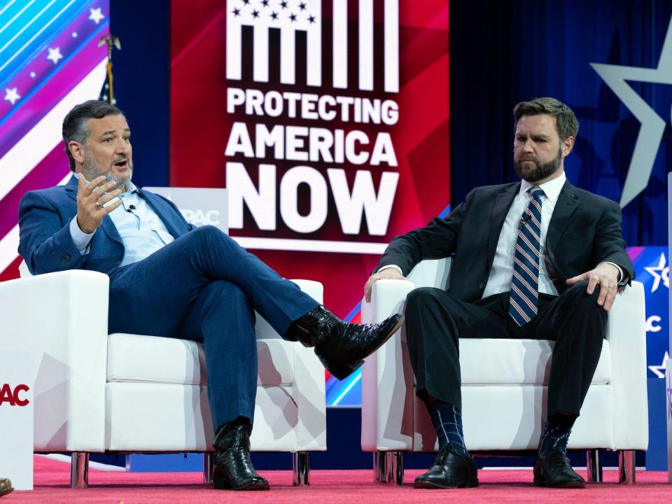 Sens. Ted Cruz and JD Vance at the Conservative Political Action Conference in March 2023.