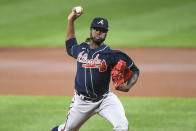 Atlanta Braves starting pitcher Touki Toussaint delivers during the first inning of a baseball game against the Baltimore Orioles, Monday, Sept. 14, 2020, in Baltimore. (AP Photo/Terrance Williams)