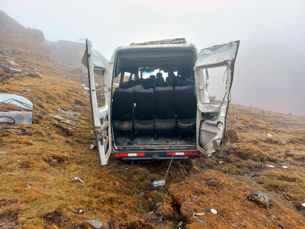 PHOTO: In this photo released by the National Police, a van lays in ruins after it fell off a cliff in an area known as Abra Malaga, as it transported tourists between Machu Picchu and Cuzco, Peru, Aug. 22, 2022. (National Police/AP)