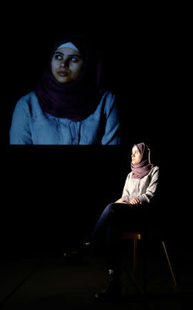 Sajeda Altaia attends a rehearsal for the Greek tragedy 'Iphigenia' with Syrian refugee women at Volksbuehne Theatre in Berlin, Germany January 12, 2018. Picture taken January 12, 2018. REUTERS/Hannibal Hanschke