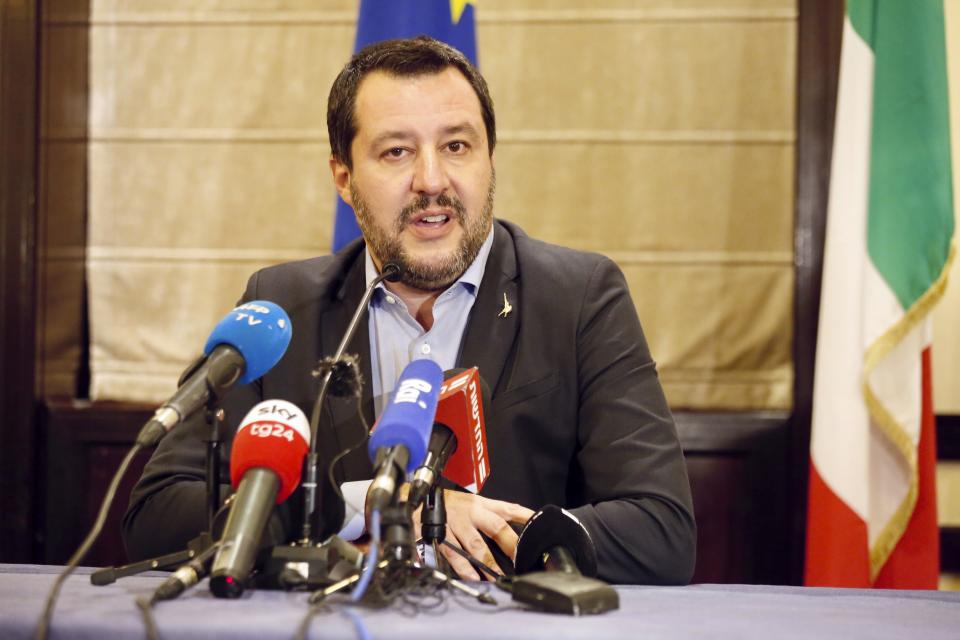 Italian Interior Minister Matteo Salvini speaks during a press conferences at the King David Hotel in Jerusalem, Tuesday, Dec. 11, 2018. (AP Photo/Ariel Schalit)