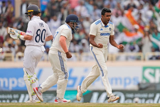 Ravichandran Ashwin, right, dismissed Ollie Pope for a golden duck