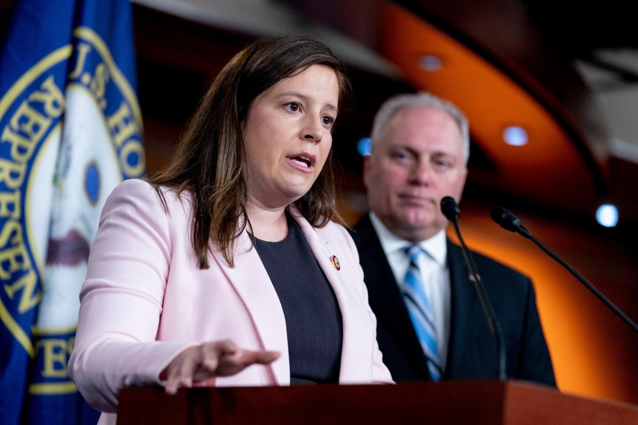 House Republican Conference Chair Rep. Elise Stefanik, R-N.Y., accompanied by House Minority Whip Steve Scalise, R-La., right, speaks at a news conference on Capitol Hill in Washington, Tuesday, June 15, 2021.