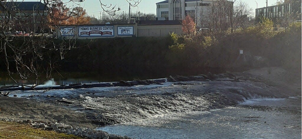 The High Street Dam, which serves to deepen and slow White River as it flows by the downtown area. It was built in 1910 to aid in feeding water to a power plant that no longer exists.