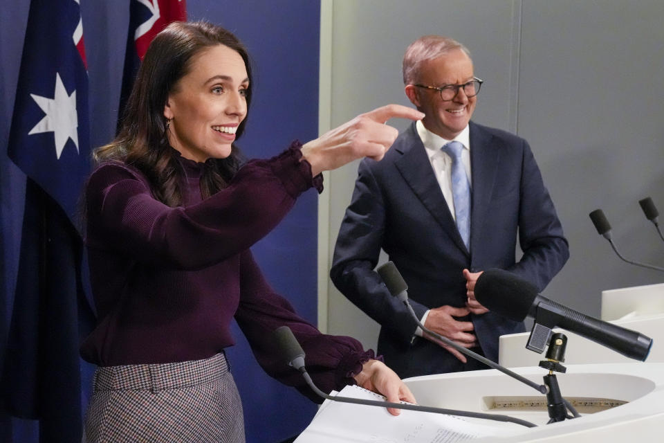 FILE - New Zealand Prime Minister Jacinda Ardern, left, gestures with Australian Prime Minister Anthony Albanese during a joint press conference in Sydney, Australia, Friday, June 10, 2022. Ardern, who was praised around the world for her handling of the nation’s worst mass shooting and the early stages of the coronavirus pandemic, said Thursday, Jan. 19, 2023, she was leaving office. (AP Photo/Mark Baker, File)