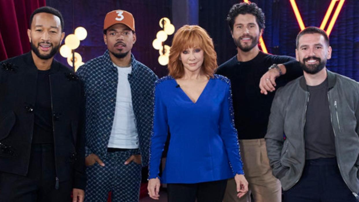  Season 25 coaches of The Voice Reba McEntire, Chance the Rapper, John Legend, Dan + Shay. 