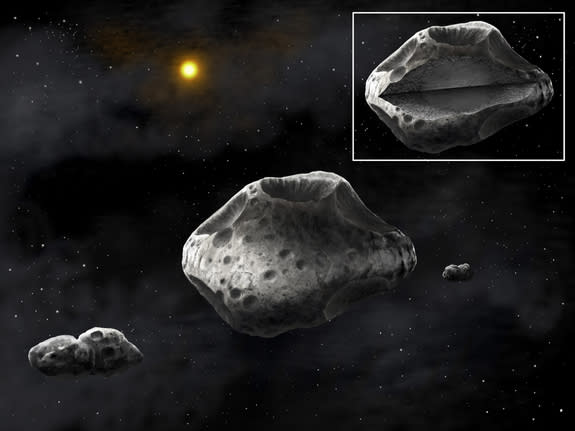 Artist's concept showing the large 270-km asteroid Sylvia surrounded by its two satellites, Romulus and Remus. The primary asteroid of the system may have a dense, regularly-shaped core, surrounded by fluffy material. The two moons are strongly