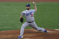 Los Angeles Dodgers starting pitcher Clayton Kershaw (22) throws during the first inning of a baseball game against the Los Angeles Angels Saturday, May 8, 2021, in Anaheim, Calif. (AP Photo/Ashley Landis)